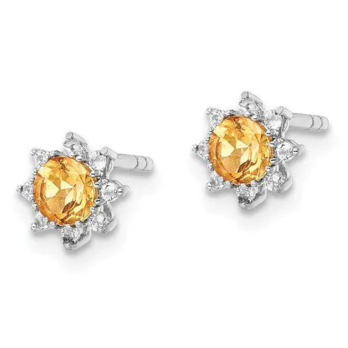 Sterling Silver Round Citrine and White Topaz Halo Post Earrings