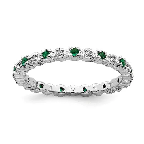 Sterling Silver Stackable Expressions Emerald & Diamond Alternating Eternity Ring