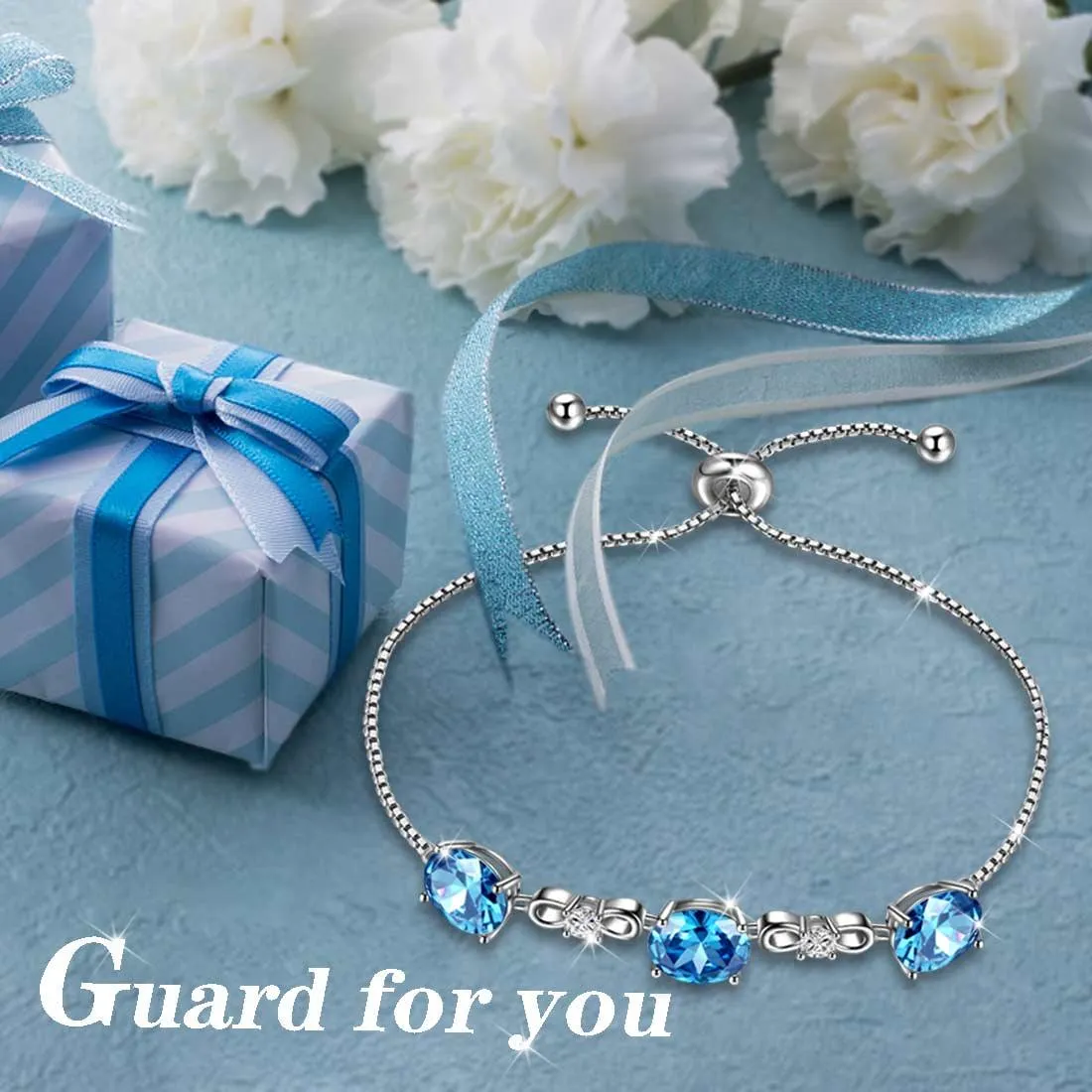 Tokyo Mart Round Birthstone March Aquamarine Bracelet Women Girls Jewelry Birthday Gift Sterling Silver