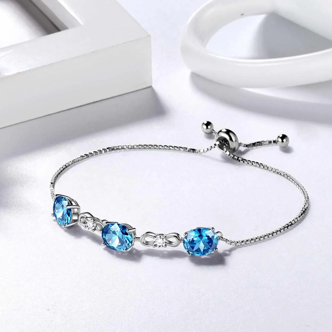 Tokyo Mart Round Birthstone March Aquamarine Bracelet Women Girls Jewelry Birthday Gift Sterling Silver