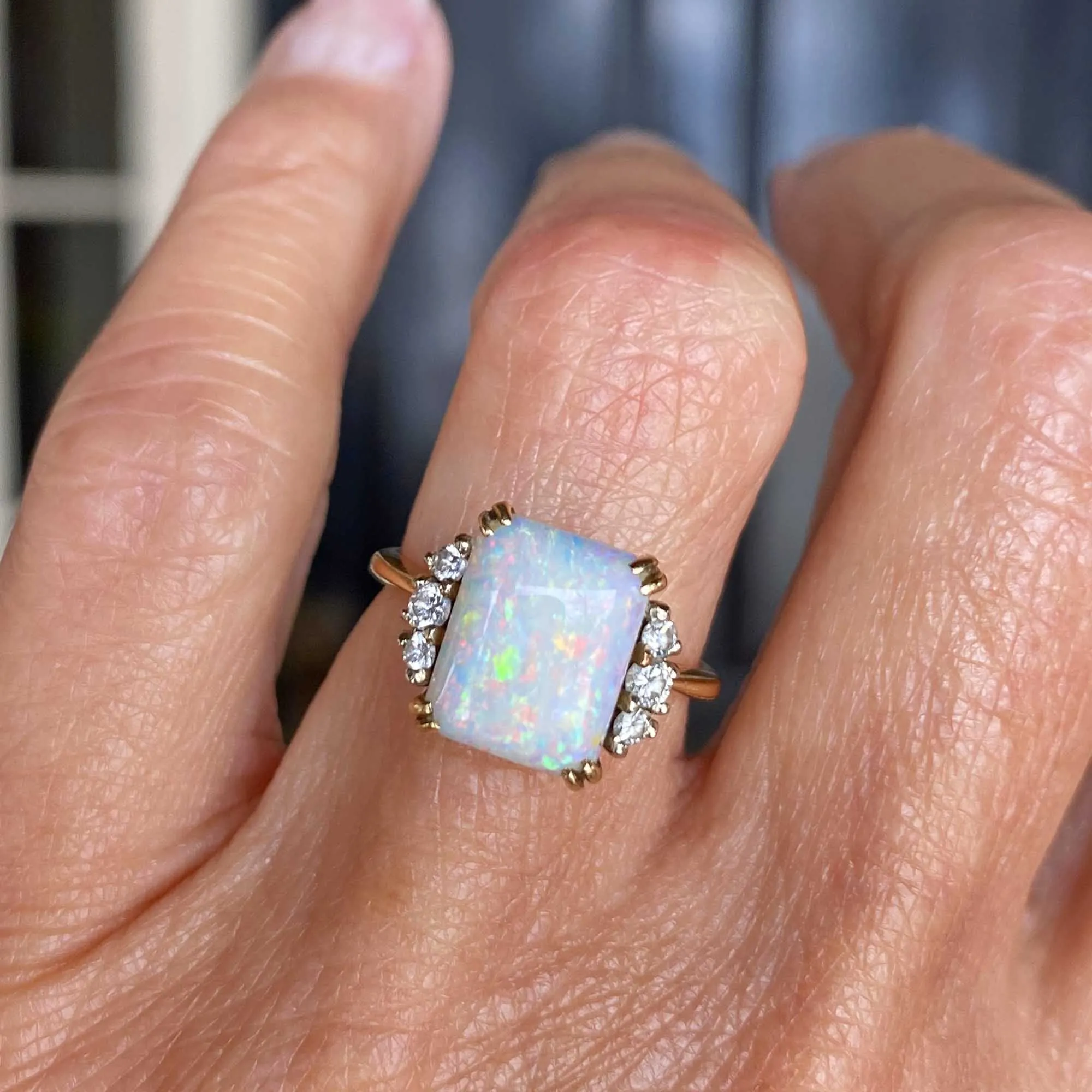 Vintage Diamond Cushion Cut Opal Ring in 14K Gold