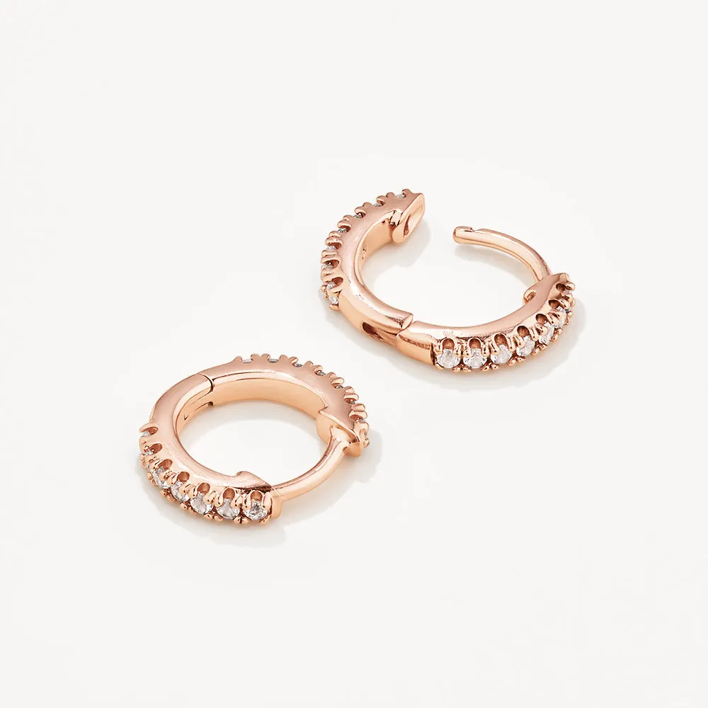 White Topaz Rainbow Huggie Earrings in Rose Gold